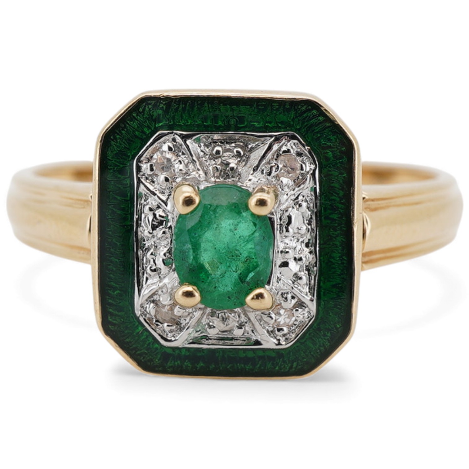 A recent 14ct gold, emerald and diamond cluster ring, of octagonal form, with green enamel border, size L/M, gross weight 2.6 grams.